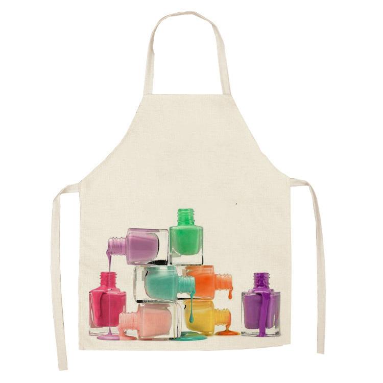 New Linen Colorful Nail Polish Cosmetics Theme Print Kitchen Aprons Unisex Dinner Party Cooking Bib Funny Cleaning Apron Barber