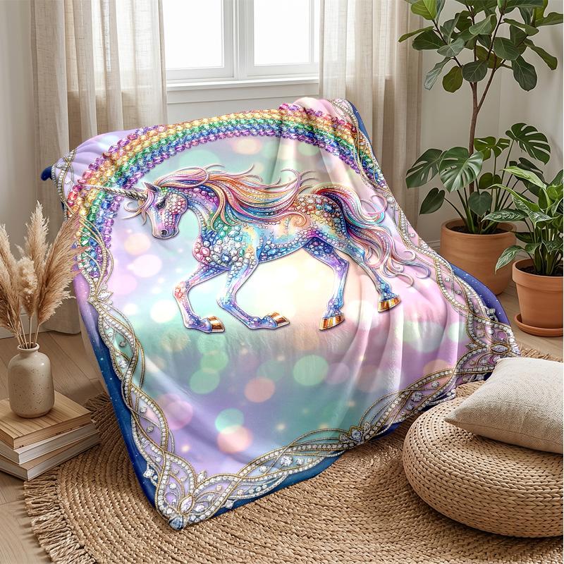 Rainbow Gem Unicorn Theme Blanket Lightweight Warm Flannel Blanket Decorative Throw Blanket for Home Decoration
