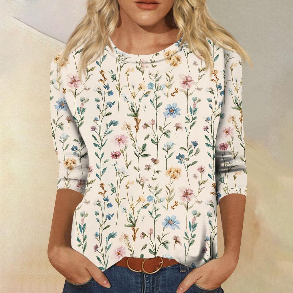Damen Lässiges Rundhals-T-Shirt-Oberteil mit Dreiviertelärm und Blumendruck für Frühling und Sommer Entspannte Passform Bequemer Stil