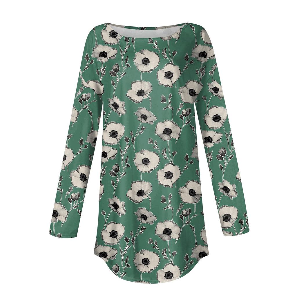 Women's  Loose Casual Flower Printed Round Neck Long Sleeved T Shirt Top Pullover Long Sleeved Sweatshirt