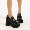 Fashion Chunky Platform Loafers Heel Patent Leather Slip On Casual Shoes Women Lady Office Shoes Japanese Lolita Black 10cm Heels Pumps