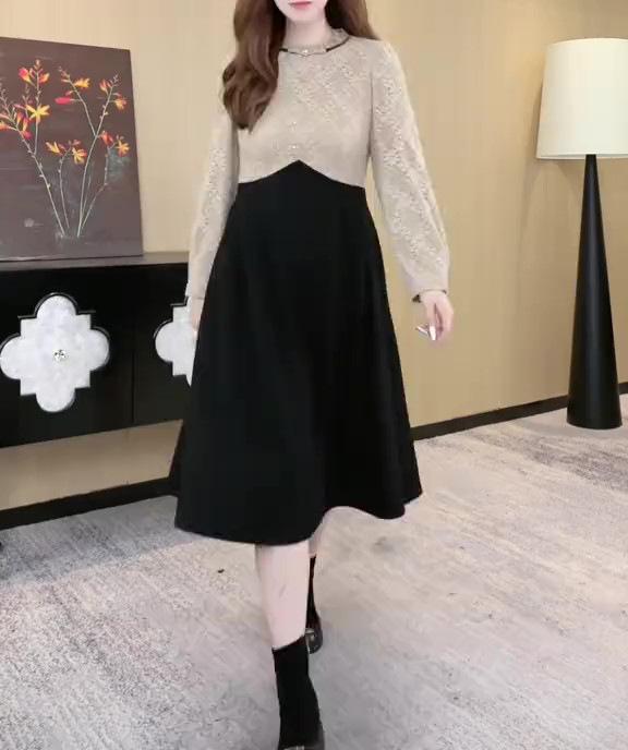 Luxury Lace Jacquard Long-Sleeve Dress for Middle-Aged Women - Autumn/Winter Collection