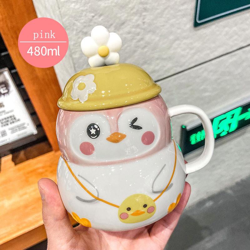 480ml Personalized Coffee Mug For Women Girls Cute Penguin Ceramic Mug With Spoon And Lid Lovers Birthday Thanksgiving Day Gifts