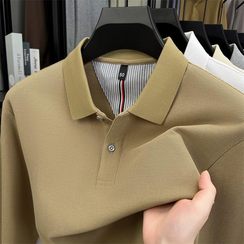 Spring Summer Men's Solid Color Cotton Polo Shirt - Long Sleeve Casual Top
