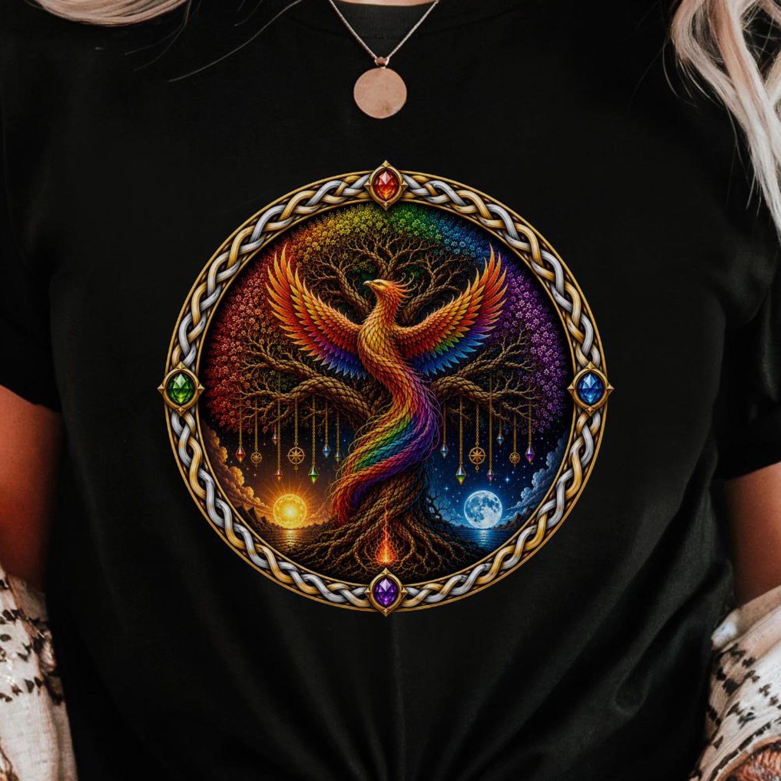 Rainbow Phoenix World Tree Shirt | Celestial Fantasy Boho Tee 4XL