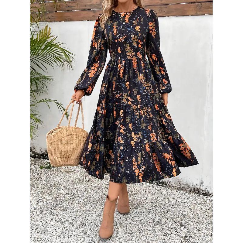 

Осень Новое поступление Европейская и американская женская одежда Модное платье с цветочным принтом и круглым вырезом с длинным рукавом Flower color S