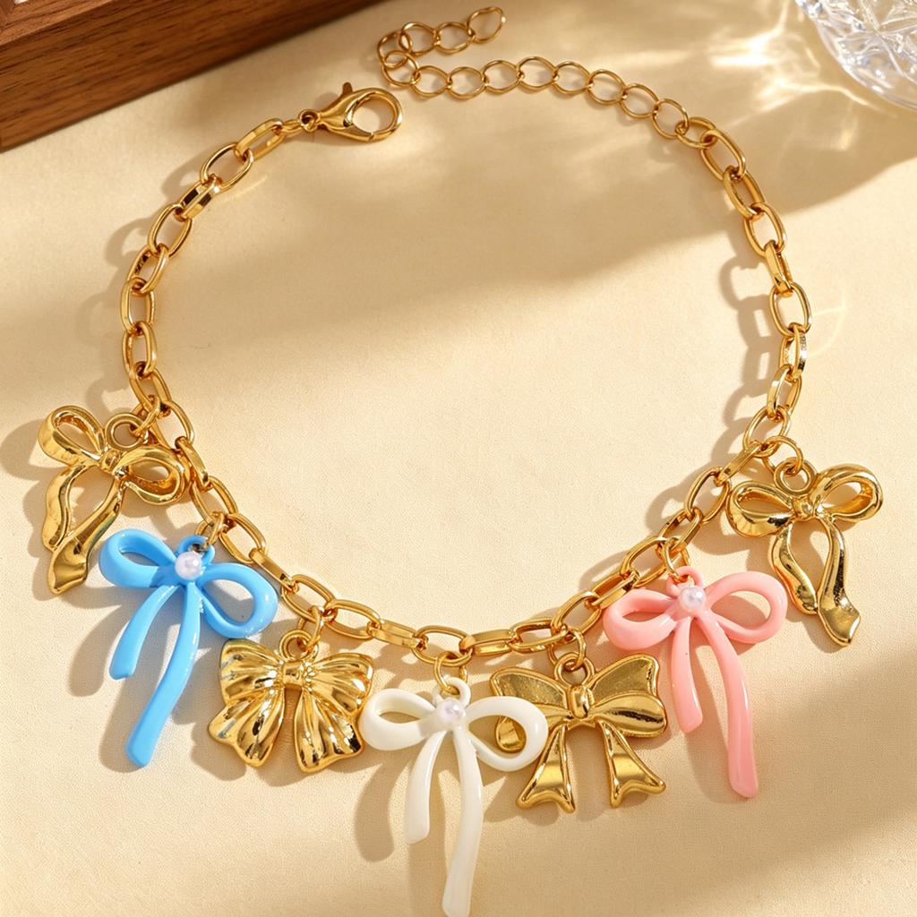 Summer Fashion Dopamine Colorful Drip Oil Bow Pendant Necklace Bracelet Anklet Set for Women Sweet Girl Vacation Jewelry Sets