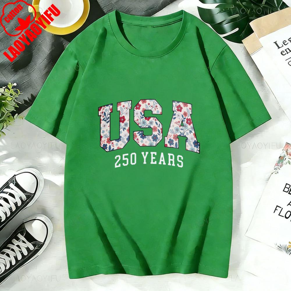 

T Shirt Women Cotton Short Sleeve O Neck Casual Fashion Usa 250 Years Floral Print Top For Her Summer Holiday Gift S