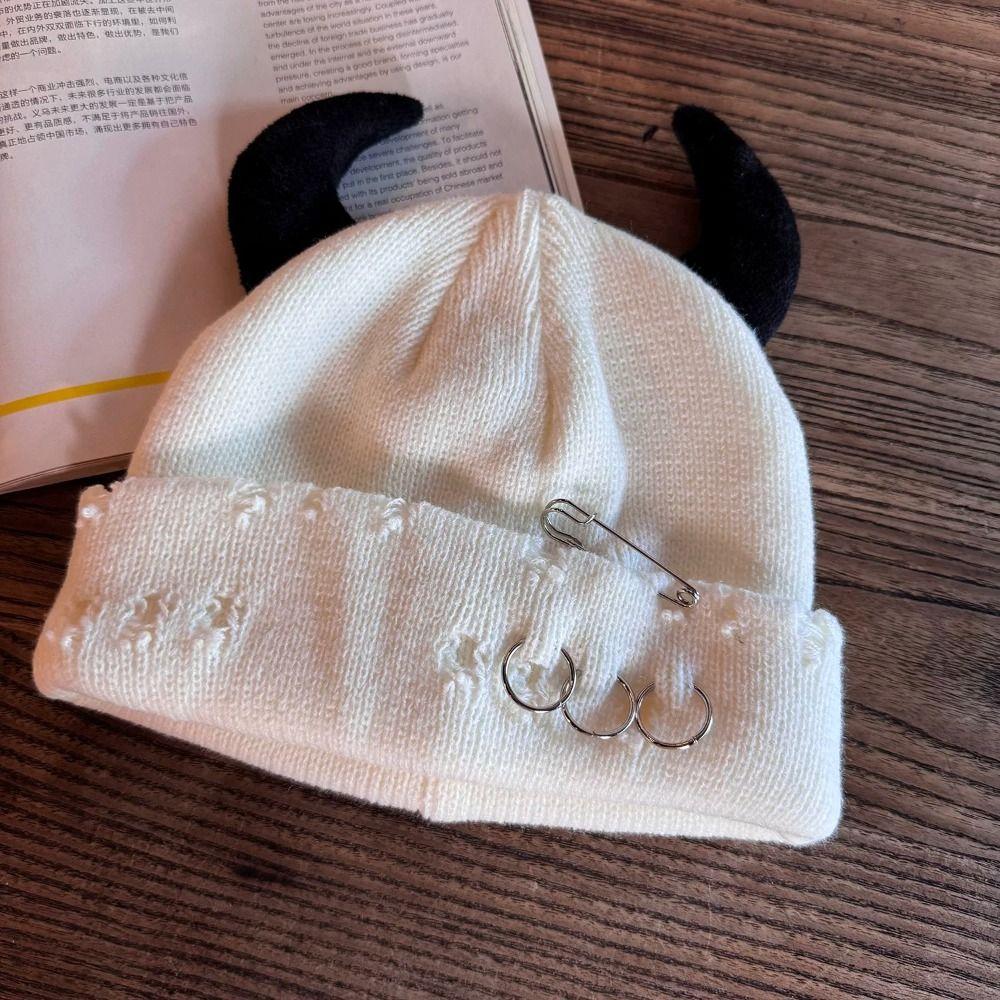 Personality With Devil Horns Winter Knitted Beanie Warm Pin Decoration Distressed Skull Cap Solid Color Funny Dome Hat Unisex