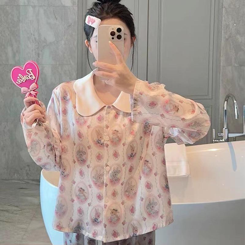 Pajamas Women's Ice Silk Pastoral Rabbit Ice Silk Long Sleeves Trousers Printed Silk Doll Collar Sweet Loungewear Can Be Worn Outside