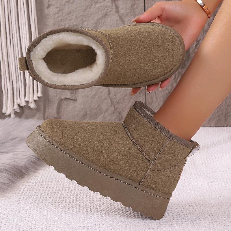 Women Winter Large Size Round Toe Thick Sole Snow Boots Casual Short Tube Velvet Fur Warm Cotton Shoes Solid Color 36-41