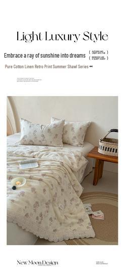 Summer Retro Cotton Linen Lace Design Thin Quilt - Machine Washable Air Conditioning Blanket