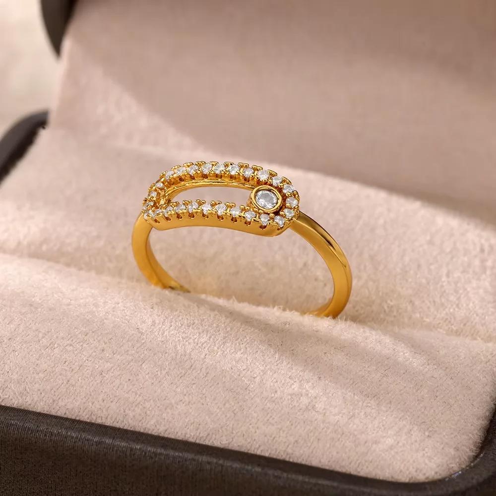 Gold Plated Stainless Steel Crystal Rings For Women Chain Geometry Zircon Finger Ring Jewelry Gift anillos mujer 2025 New Trendy