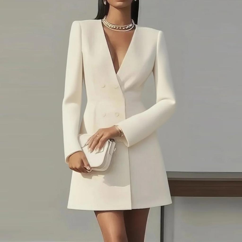 Women's Fashionable Elegance Solid-Colour Long-Sleeved Double-Breasted V-Neck French- Suit Dress