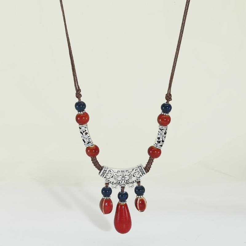 Water Drop-shaped Ceramic Pendant Necklace Female, Bohemian Retro Long Fringed Sweater Chain Accessories Gift