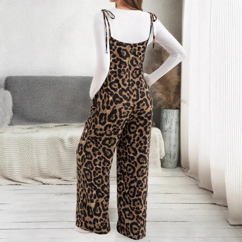 Maternity Leopard Print Adjustable Strap Wide Leg Jumpsuit Casual Comfortable Pregnancy Outfit