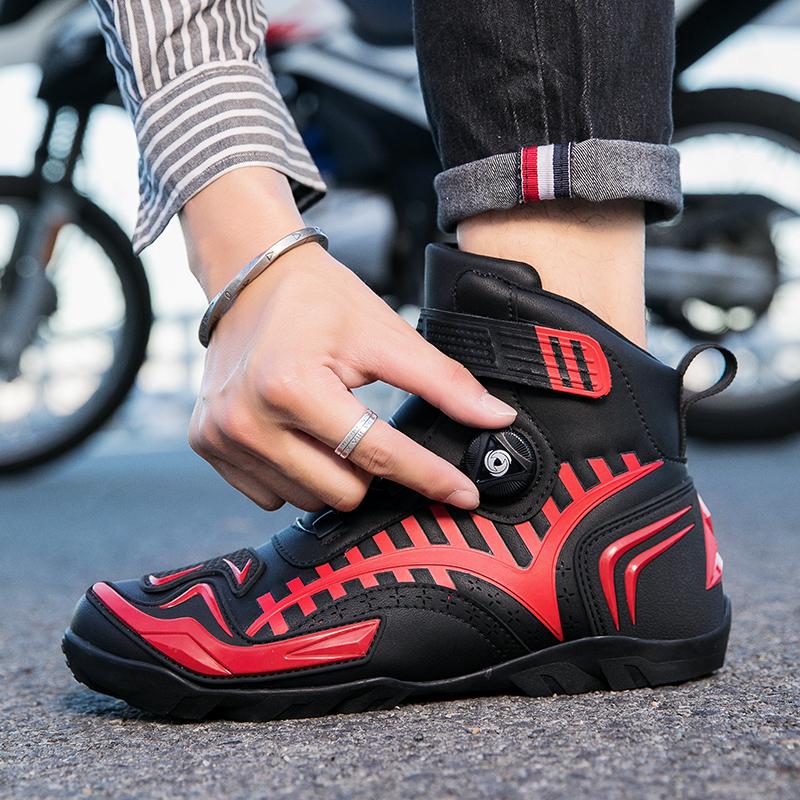Unisex Leather Motorcycle Boots Large Size Rotation Button Anti -slip Anti -collision Competition Riding Shoes