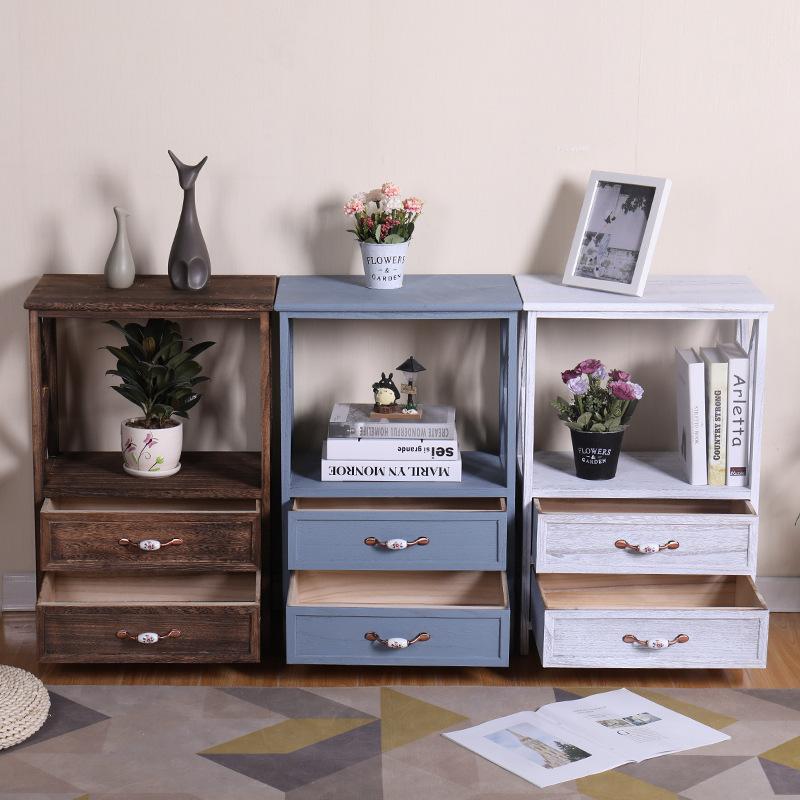 Vintage Wooden Storage Cabinet Rustic American Nightstand with Drawers Nordic Style Side Table Classic Organizer
