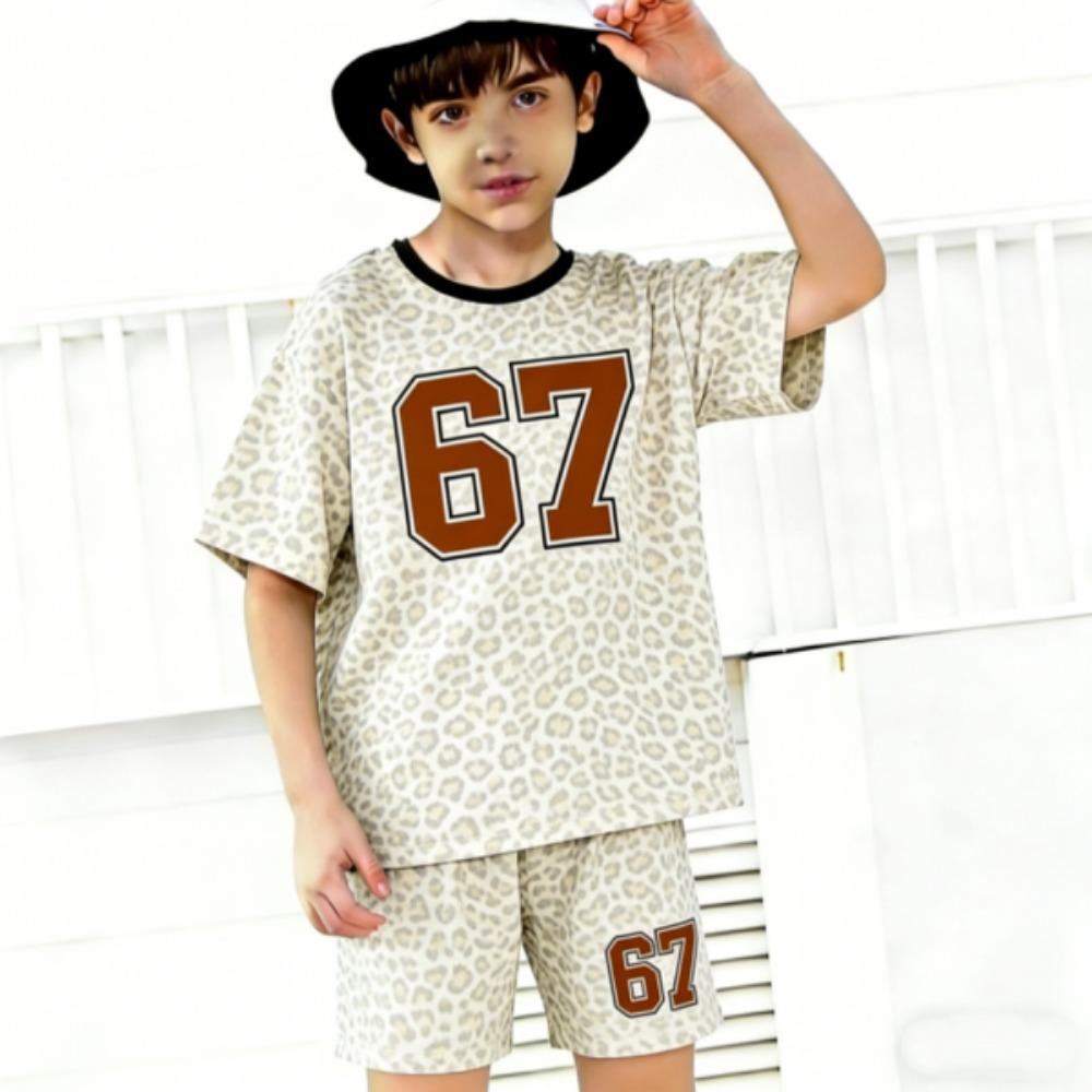 Number 67 Leopard Colored Printed Kids T-shirt and Shorts 2 Piece Set Summer Casual Outfit for Boys and Girls Kids Clothing Top