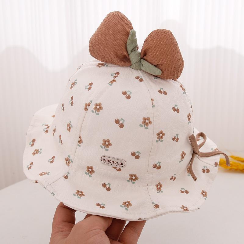 Cute Bow Baby Girl Bucket Hat Sweet Flower Cherry Print Cotton Newborn Infant Fisherman Cap Drawstring Adjustable Toddler Sun Hats