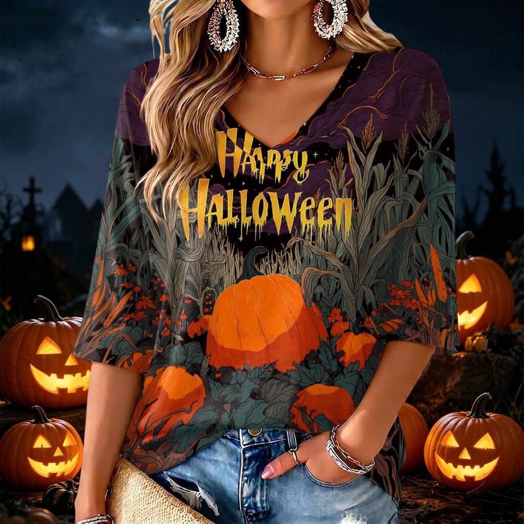 Women's V-Neck Halloween Print Lightweight Blouse for Spring and Summer