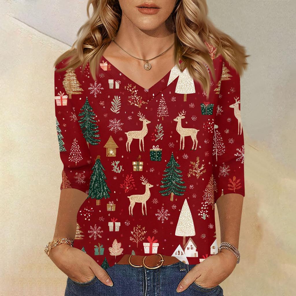 Damen T-Shirt Weihnachtsdruck 3/4 Ärmel Täglich Wochenende Mode Basic V-Ausschnitt Reguläres Oberteil
