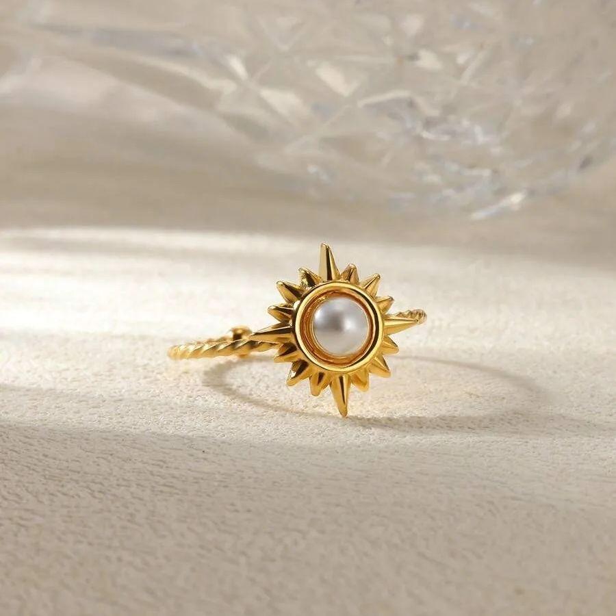 Exquisite Elegant Pearl Sun Open Ring For Women Adjustable Faux Pearl Stainless Steel Ring Wedding Daily Jewelry Gift