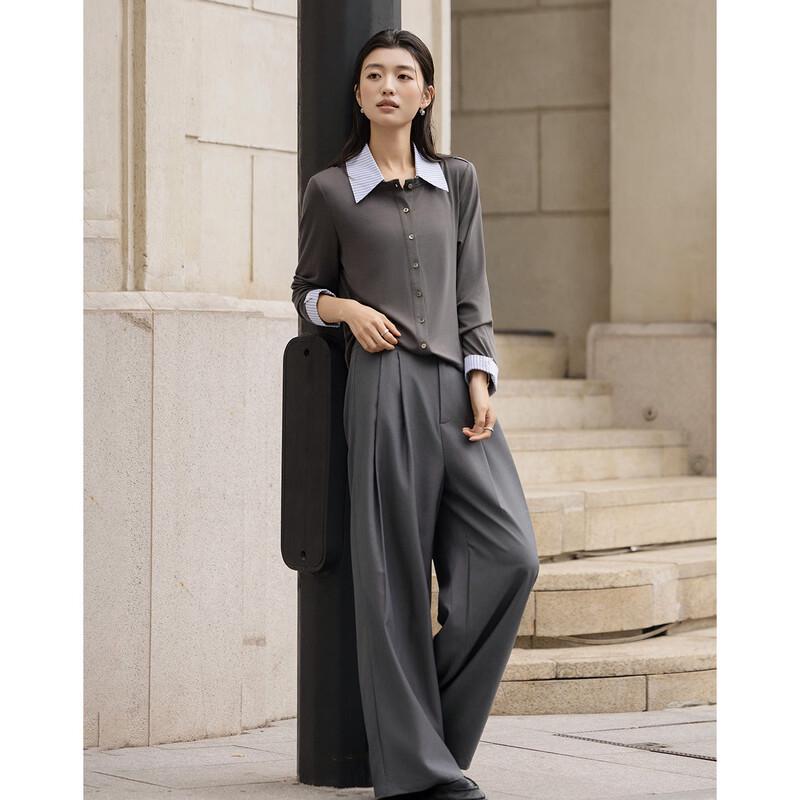 Women's Lyocell Blend Color Block Striped Lapel T-shirt