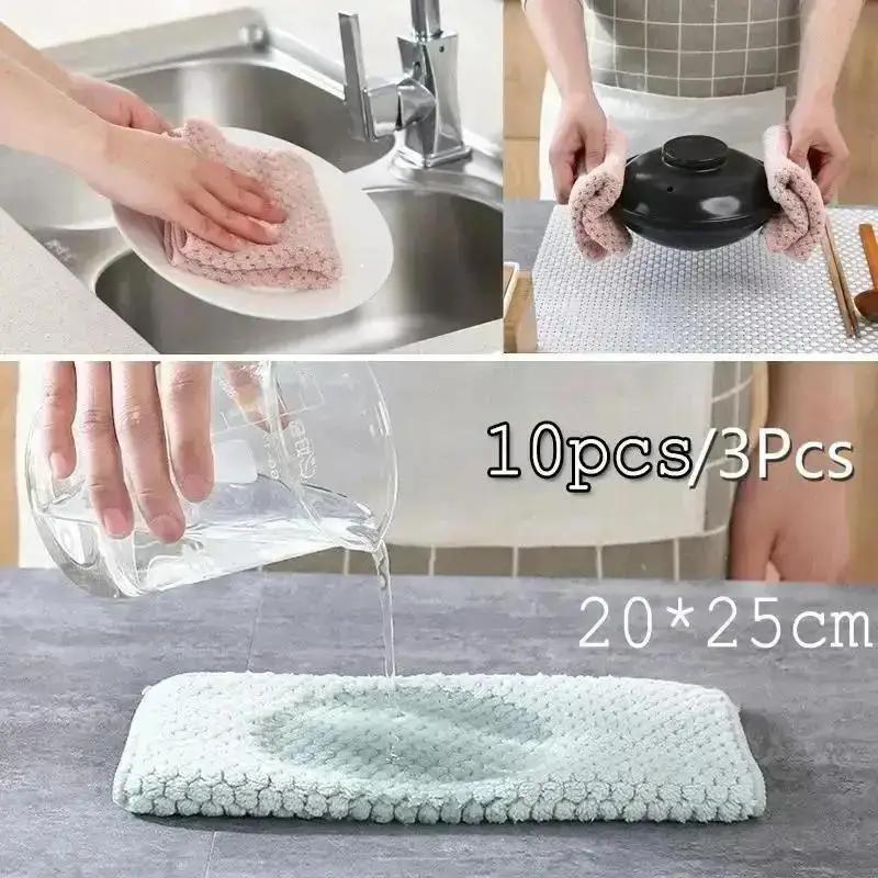 3/10Pcs Kitchen Cleaning Articles Dining Wash Towel Absorbent Square Microfiber Dishcloths Household Thickened Absorbent Cloth