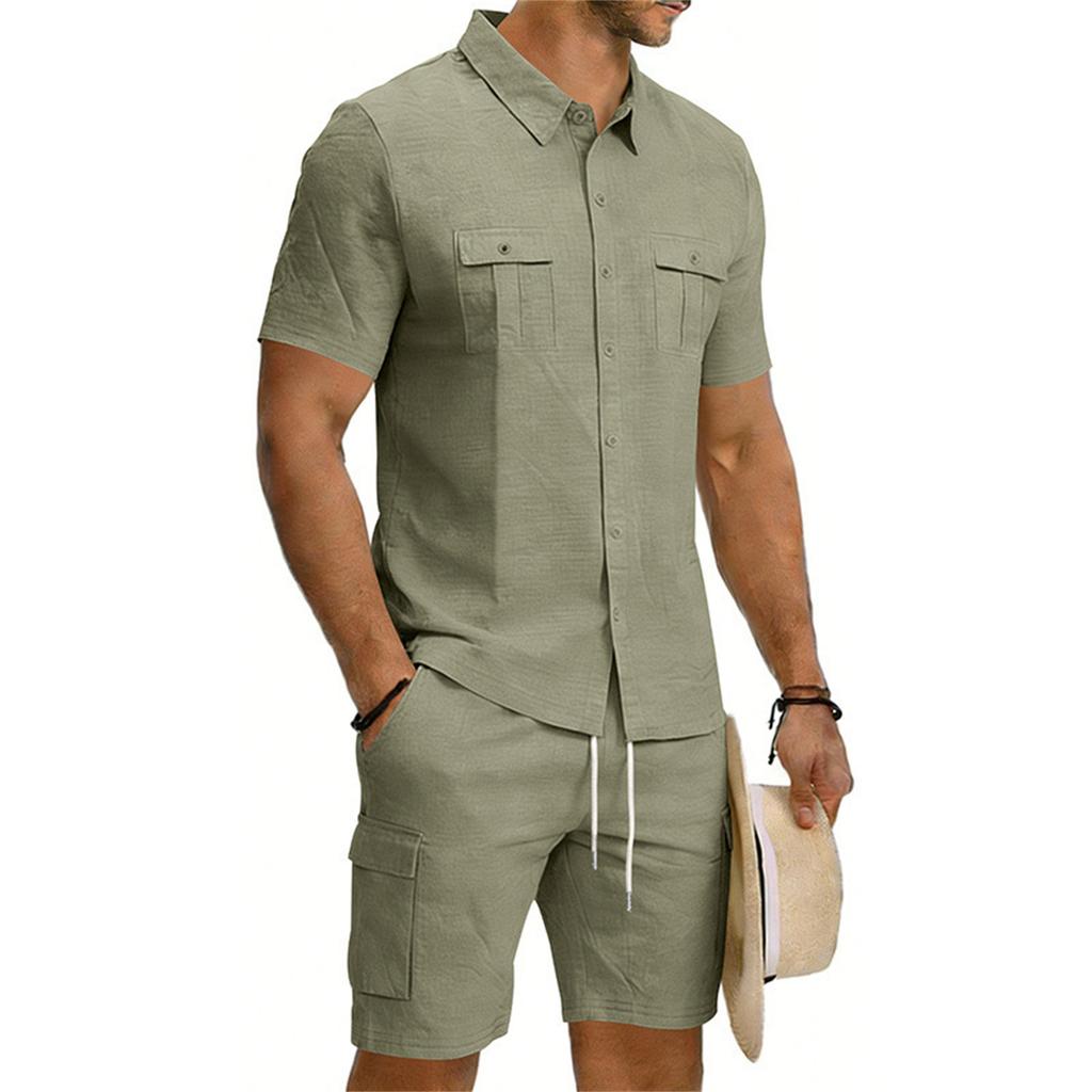 Men's Casual Short-sleeved Tooling Shirt Multi-pocket Shorts Set