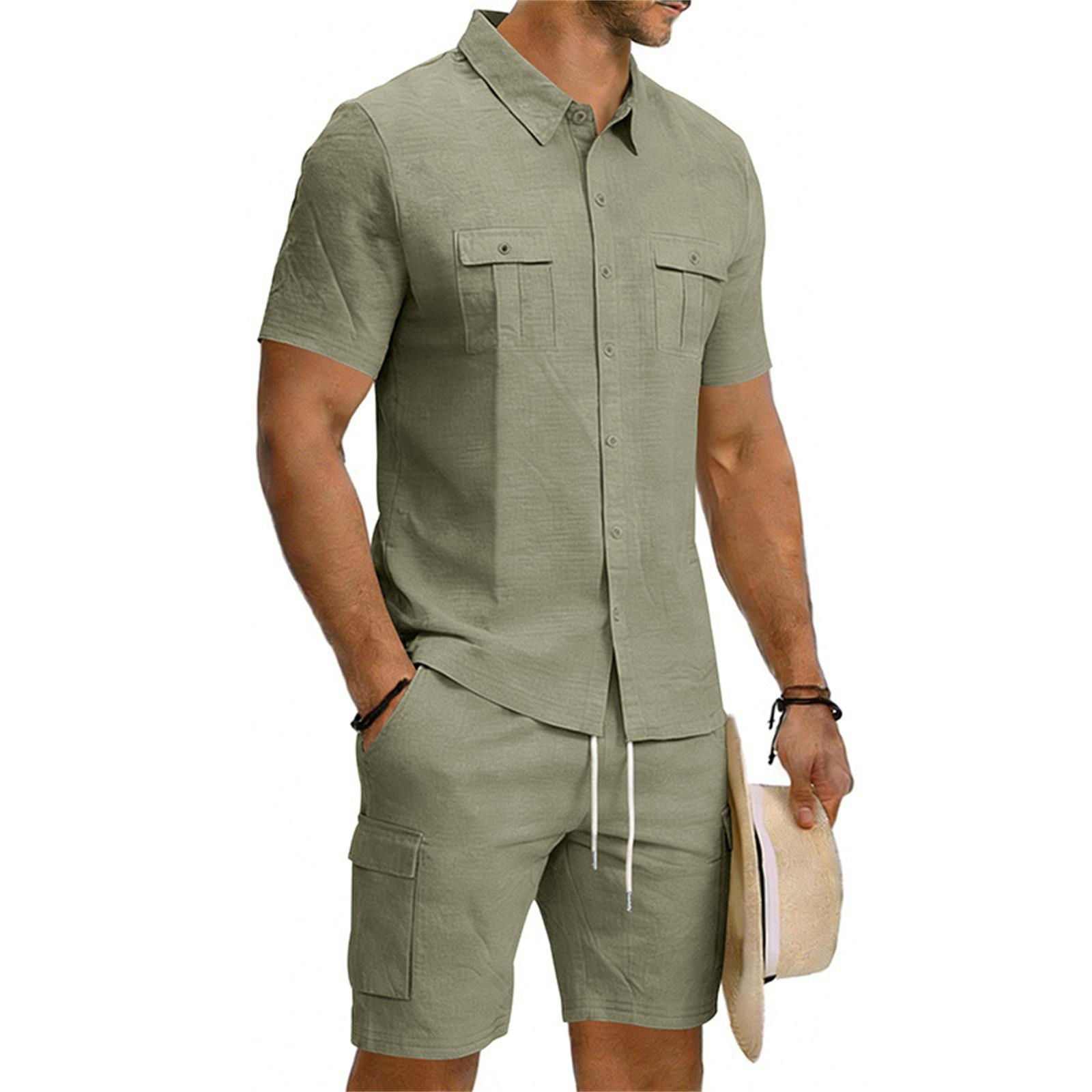 

Mens Short Sleeve Button Down Shirt and Drawstring Waist Shorts Set Casual Two Piece Outfits with Pockets for Summer L армия зеленый