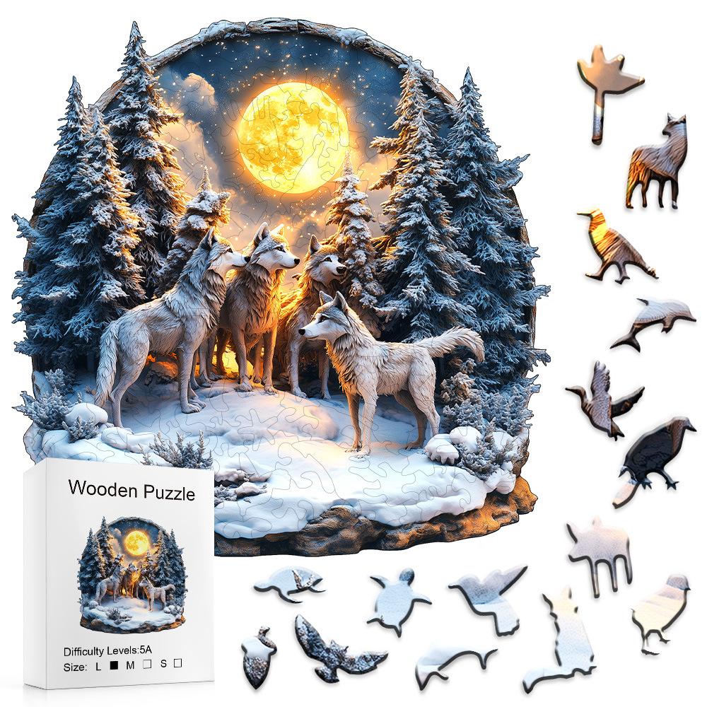 Wolves In The Snow Forest Wooden Puzzle Irregular Small Animal Pieces Flat Wooden Puzzle