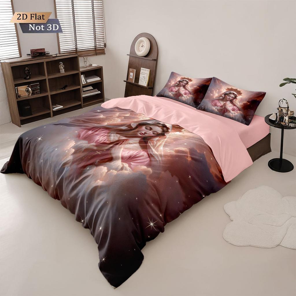 3pcs Virgin Mary Pink Printed Core Free Bedding Set Soft and Comfortable Dormitory Bedroom Multiple Sizes Machine Washable