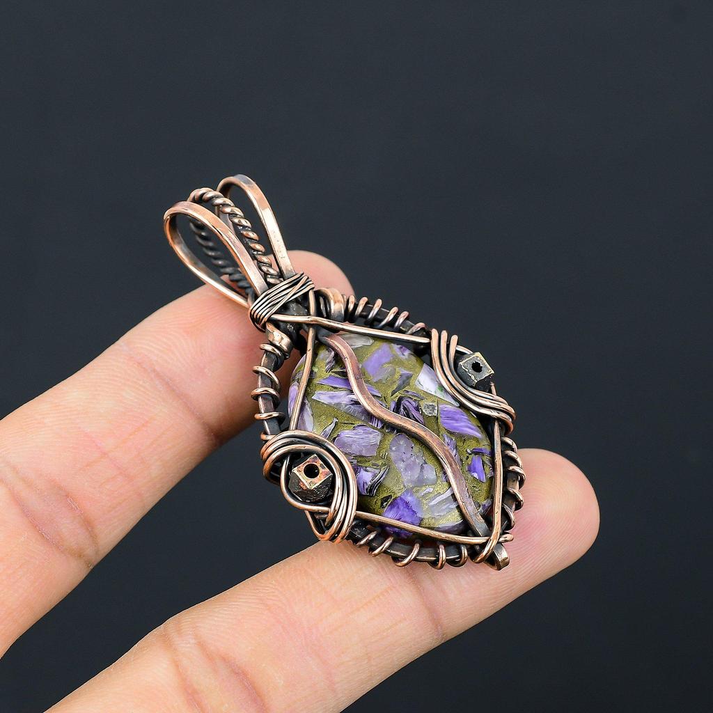 Copper Charoite Pendant Gemstone Jewelry, 999 Copper Wire Wrapped Pendant, Handmade Gift For Wife Pendant Jewelry