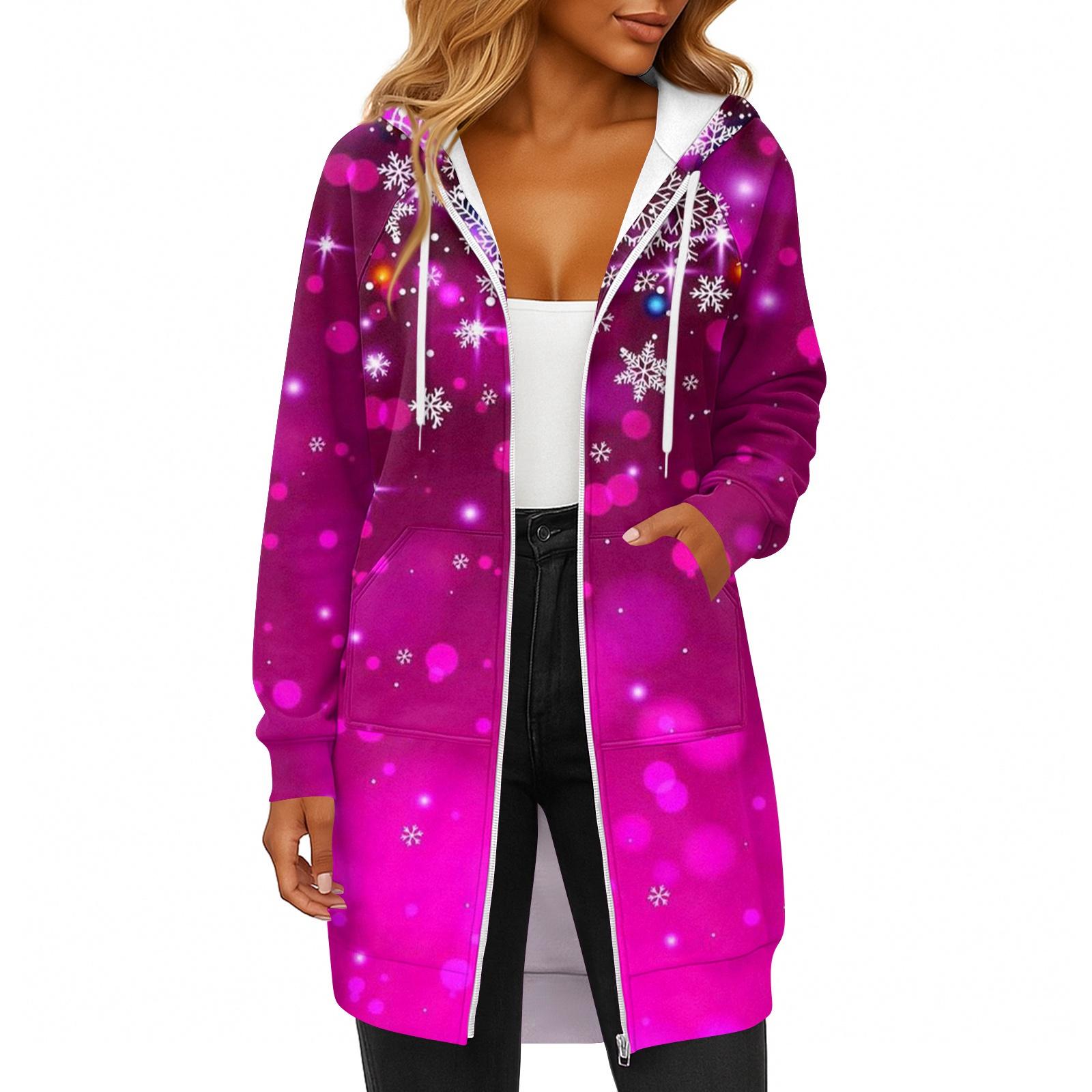 Женская модная рождественская толстовка с длинными рукавами, капюшоном на кулиске, карманом на молнии, длинная, повседневная S фиолетовый
