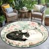 Vintage Art Cat Floral Print Round Area Rug Elegant Botanical Cat Lover Floor Decor Carpet Soft Non-Slip Mat for Living Room