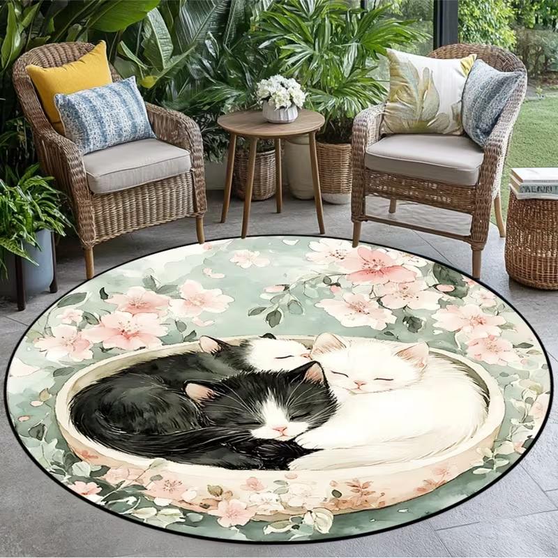 Vintage Art Cat Floral Print Round Area Rug Elegant Botanical Cat Lover Floor Decor Carpet Soft Non-Slip Mat for Living Room