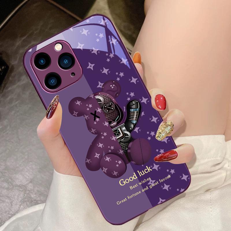 Brown Machine Bear For IPhone 16 Pro Max 15 Pro 14 13 12 Mini 11 XS Max XR 7 8 Plu SE 2022 Tempered Glass Phone Case