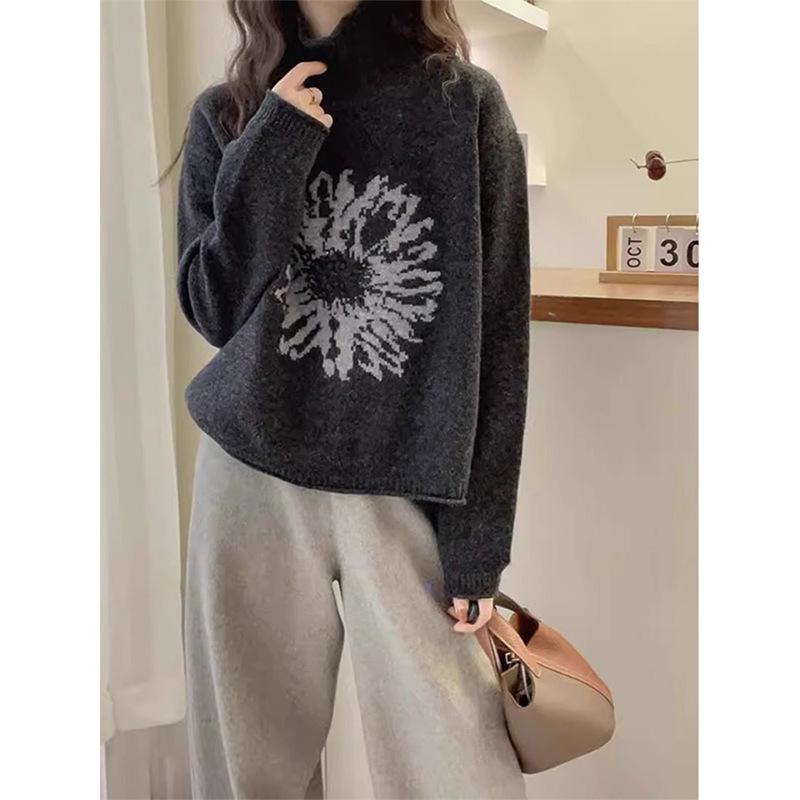 Women's European Retro High Neck Jacquard Sweater - Korean Style, Versatile, Loose Fit Knitwear