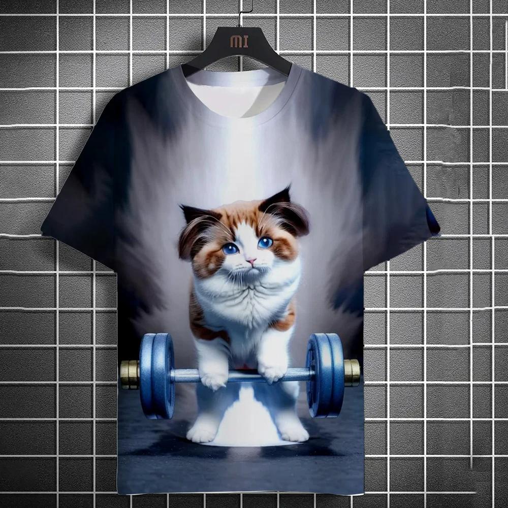 3D Fitness Cat Print Short Sleeve T-Shirts Oversized Clothing Summer Street Casual Top Fun Animal Men's T-shirts