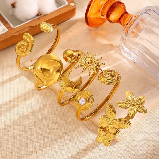 Goldene Manschettenarmbänder für Damen Vintage Blume Schmetterling Sonne Muschel Boho Armreifen Breites Offenes Manschettenarmband Schmuck für Sie