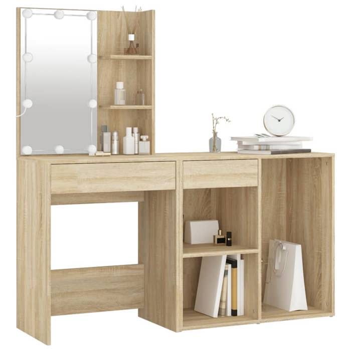 VidaXL Coiffeuse à LED avec Armoire Table Cosmétique Coiffeuse de Maquillage Table à Bijoux Chambre à Coucher Chêne Sonoma 3082020