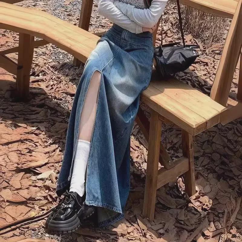 Dámská jarní a podzimní retro džínová A-line sukně s vysokým pasem a rozparkem