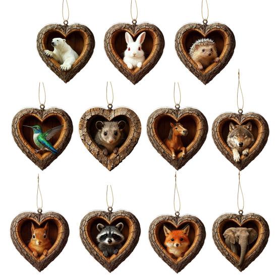 Heart-Shaped Animal Christmas Ornament 2D Flat Acrylic Forest Animal Decoration Woodland Pendant for Xmas Tree Decor Animals Lovers Gift
