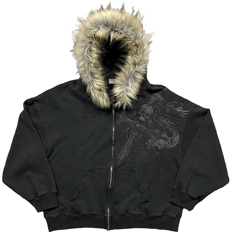 Autumn Winter Y2k Women Aesthetic Harajuku Faux Fur Collar Hoodies Clothes Graphic Hip Hop Punk Gothic Zip Up Hoodies