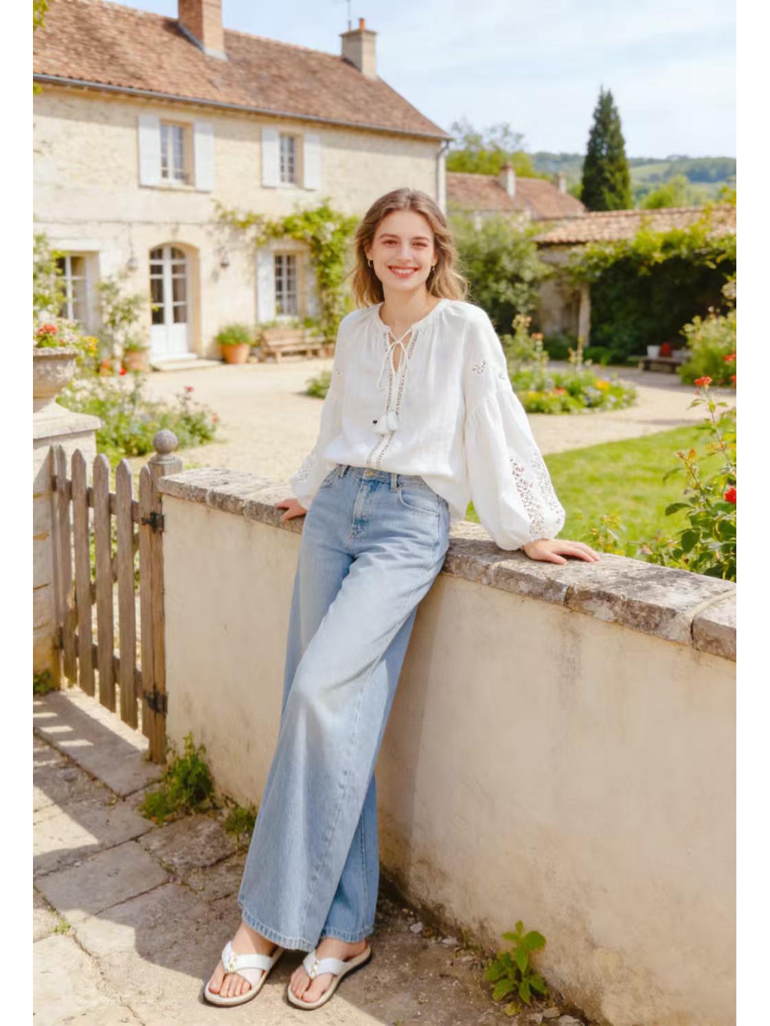 

Элегантная льняная рубашка 2026 года в французском курортном стиле с вышивкой и шнуровкой Large белый