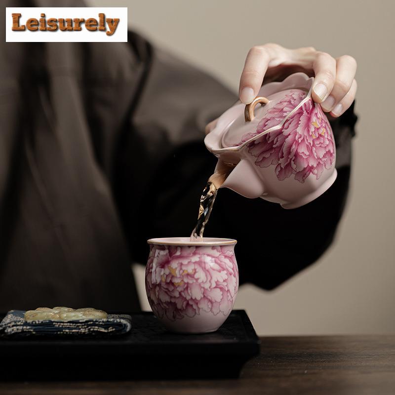 100 ml handgemachte rosa Ru Kiln Teekanne Pfingstrose Blume Mund Hand greifen Topf Tee Maker Wasserkocher Damen Teeset Zubehör Dekoration