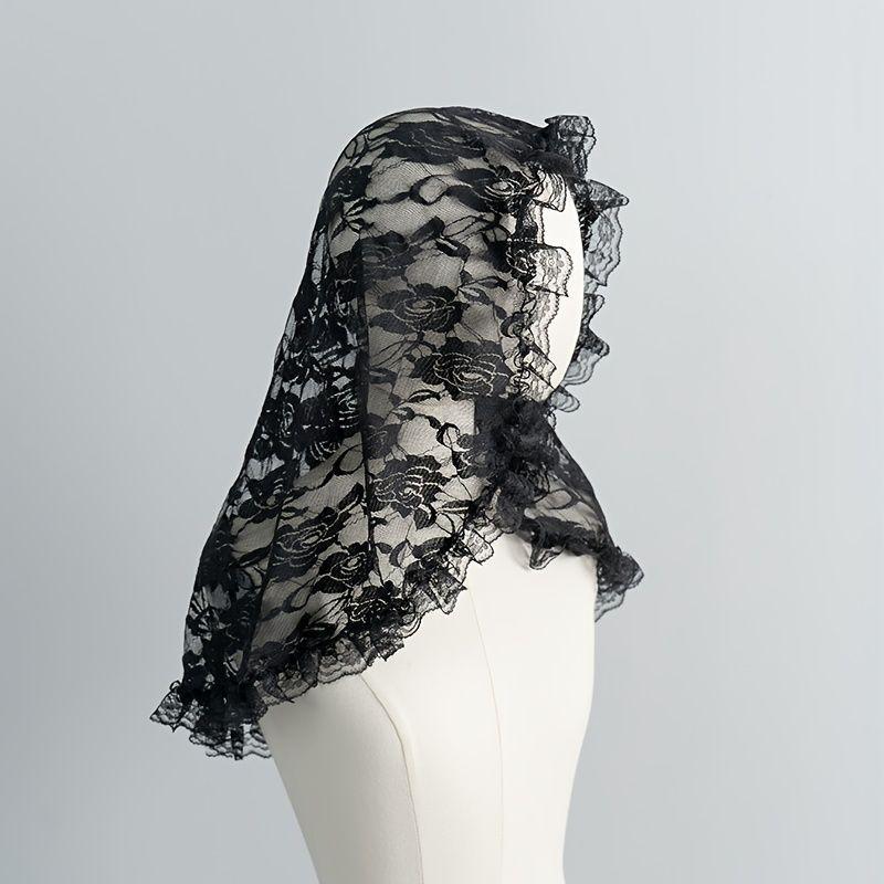 Black Rose Lace Head Veil Ruffled Edge Gothic Hooded Scarf For Halloween Cosplay Party Costume Accessory