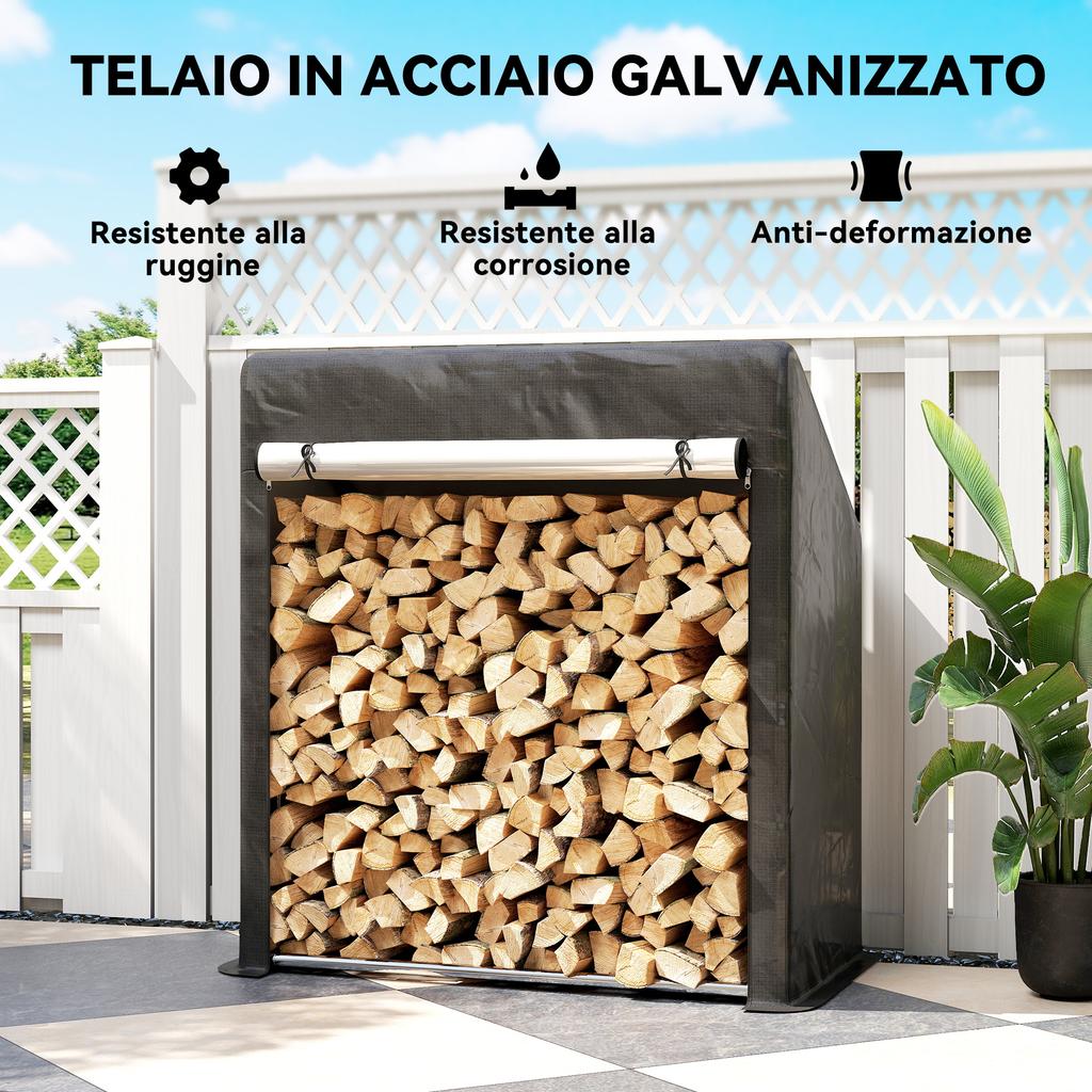 Outdoor Firewood Rack In Reinforced Steel with Waterproof Cover, 100x60x110 Cm, Black
