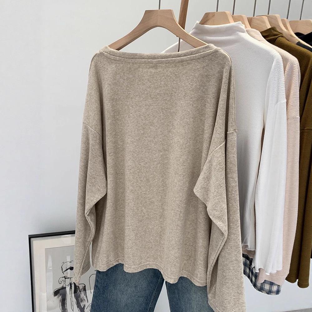 Women's Oatmeal Long-Sleeve Brushed Skin-Friendly Relaxed Fit Autumn T-Shirt